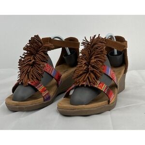 Minnetonka Desi Fringe Wedge Sandals Size 8‎ Brown Suede Multicolor Strap